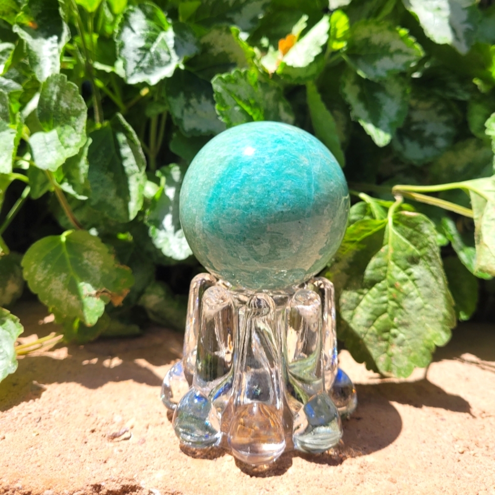 Elegant Amozonite Crystal Sphere on Clear Stand 63.5mm